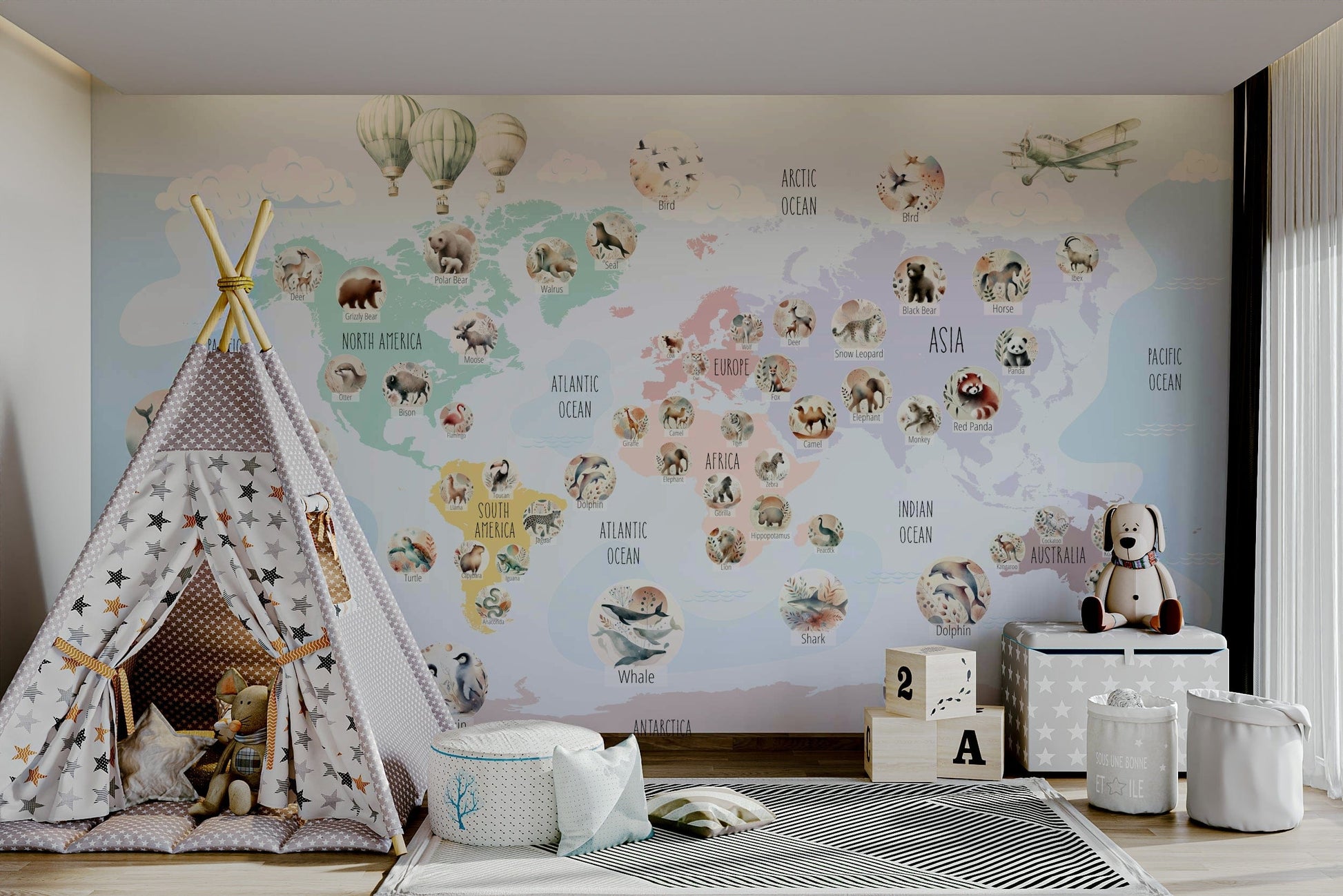 Pastel Wildlife kids room wallpaper
