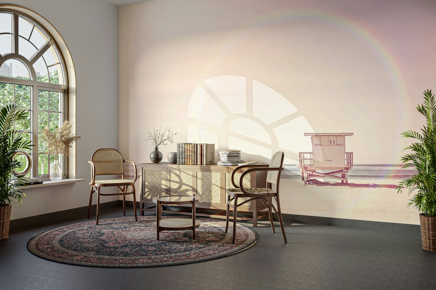 Dreamy beach scene in pastel colors for a calming atmosphere.

