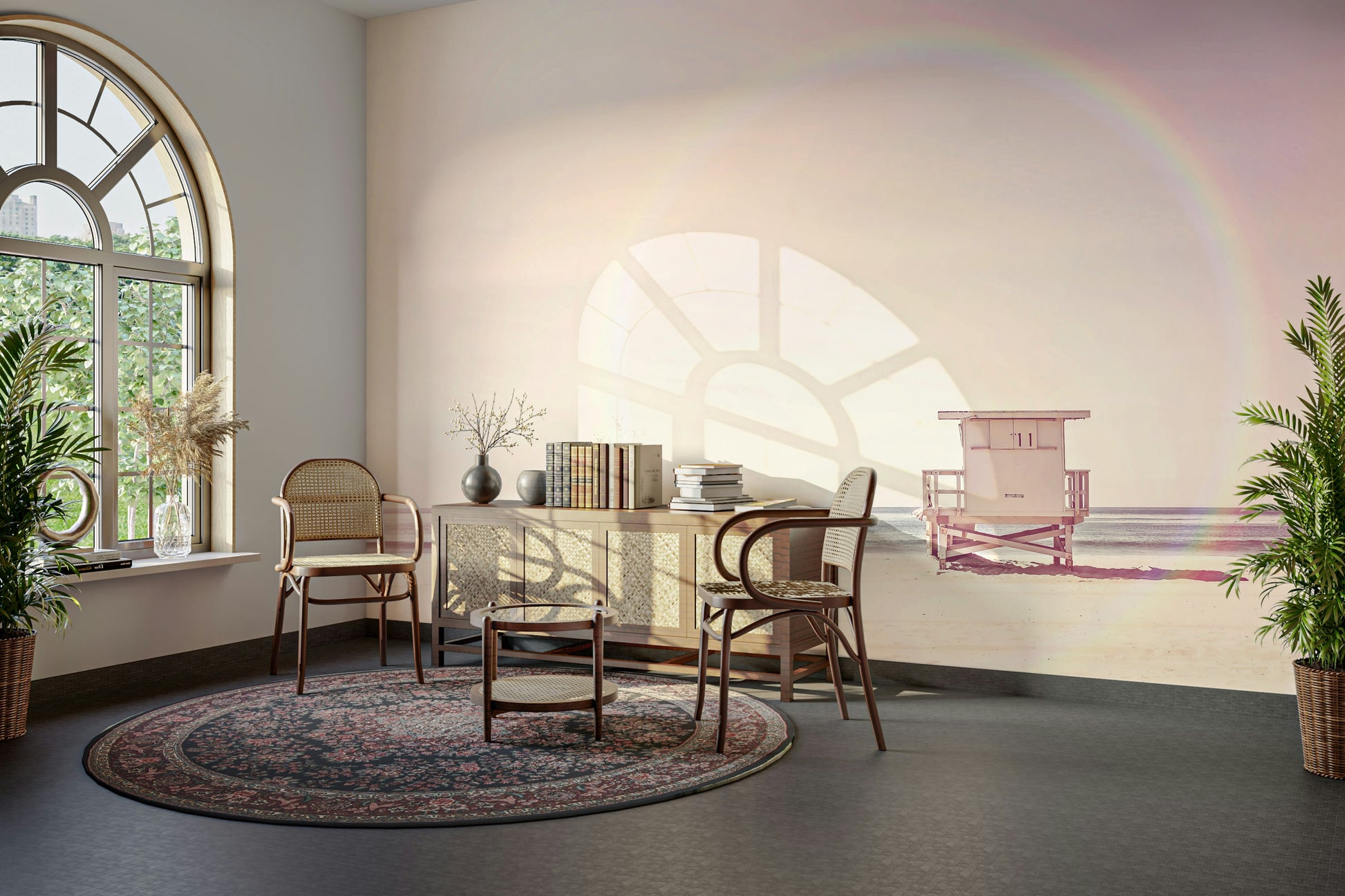Dreamy beach scene in pastel colors for a calming atmosphere.

