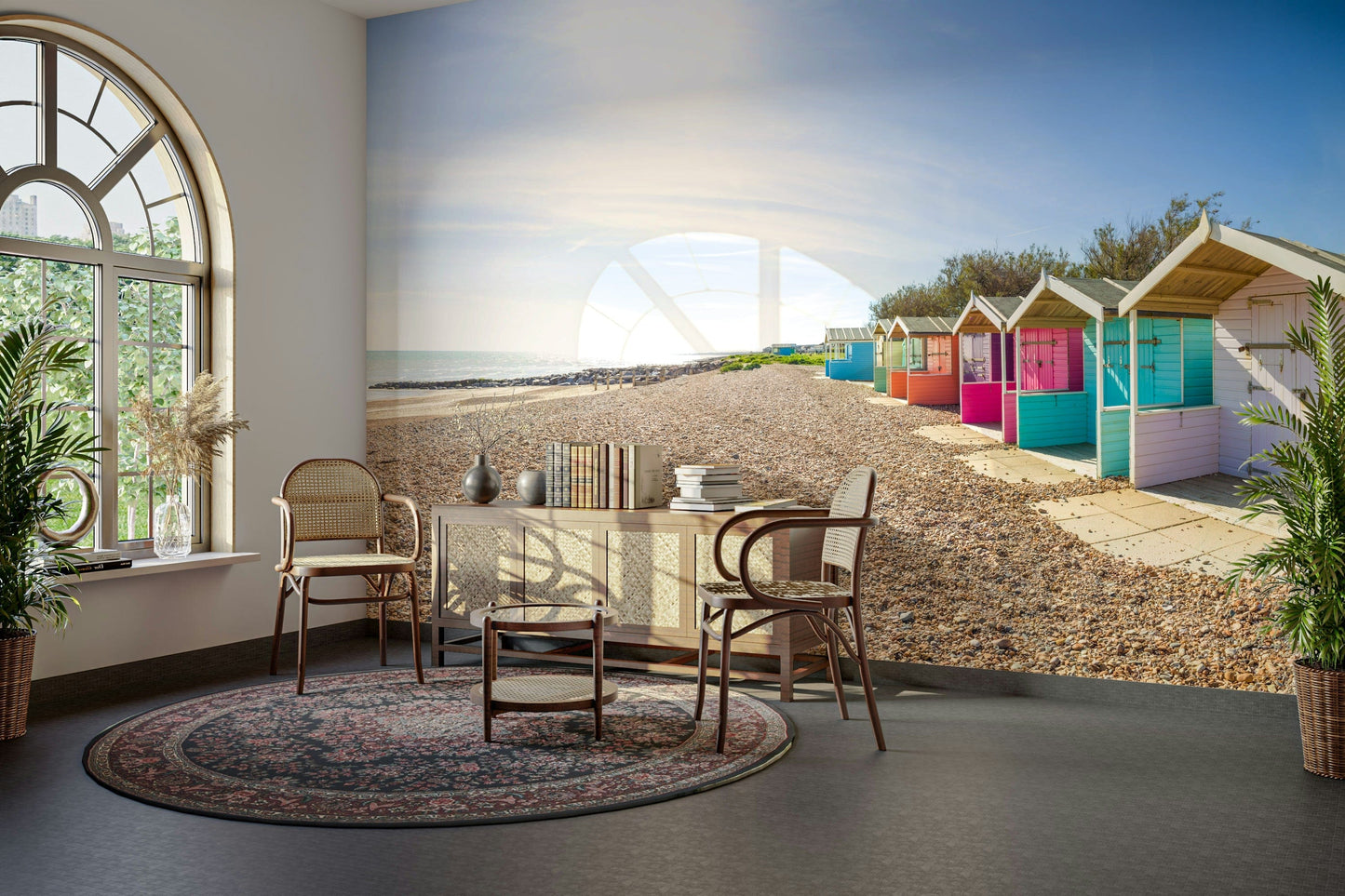 A calming beach hut design wallpaper mural that defines a space.

