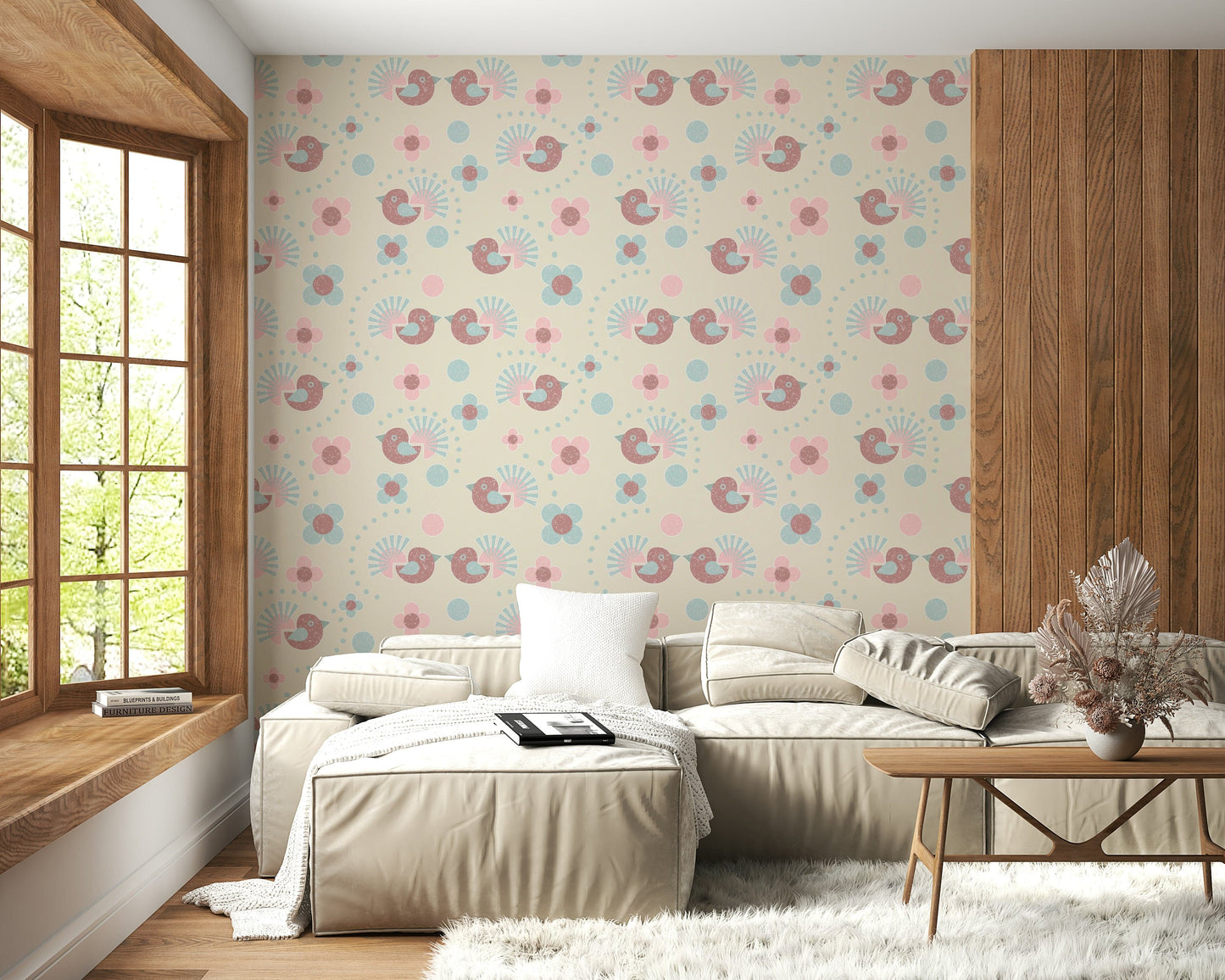 A repeating pattern of sweet birds and delicate blooms in pastel pink, blue, and green on a Bird Wallpaper.