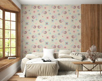 A repeating pattern of sweet birds and delicate blooms in pastel pink, blue, and green on a Bird Wallpaper.