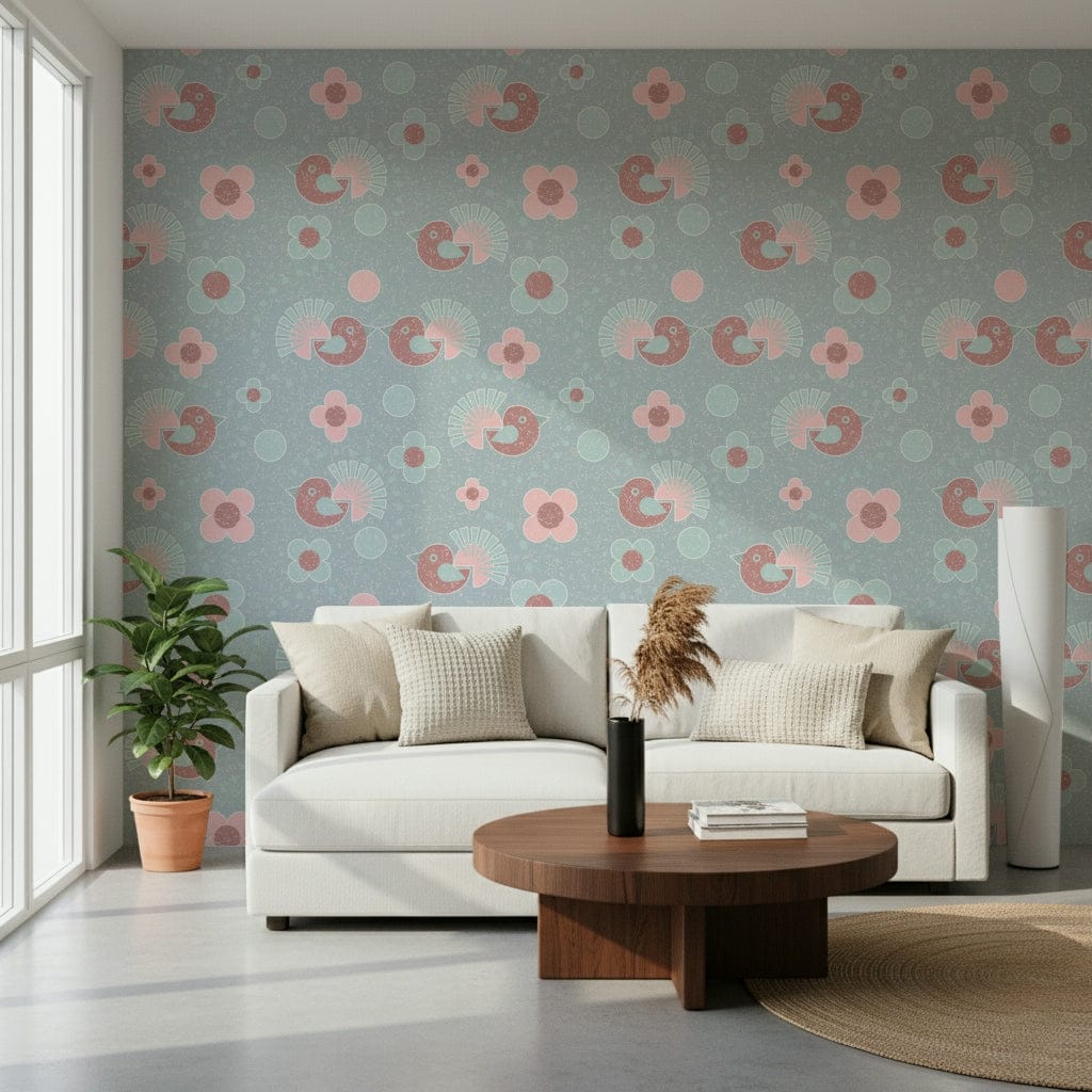 Birdie Blooms: Pastel Pop Wallpaper – Playful wallpaper featuring colorful birds perched among soft pastel flowers.