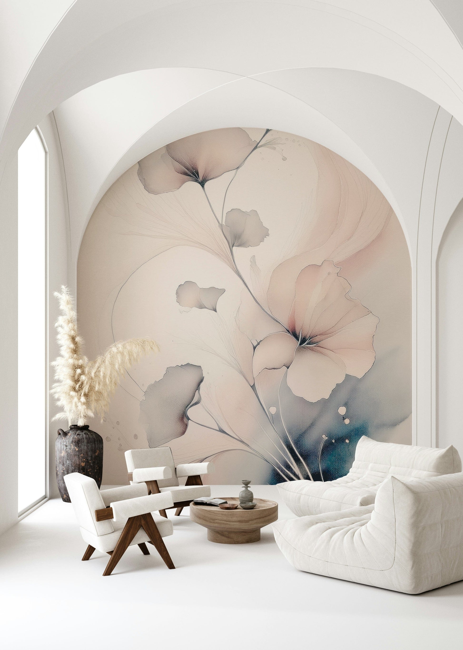 Artistic wall mural featuring watercolor pastel flowers in a dreamy, feminine composition.