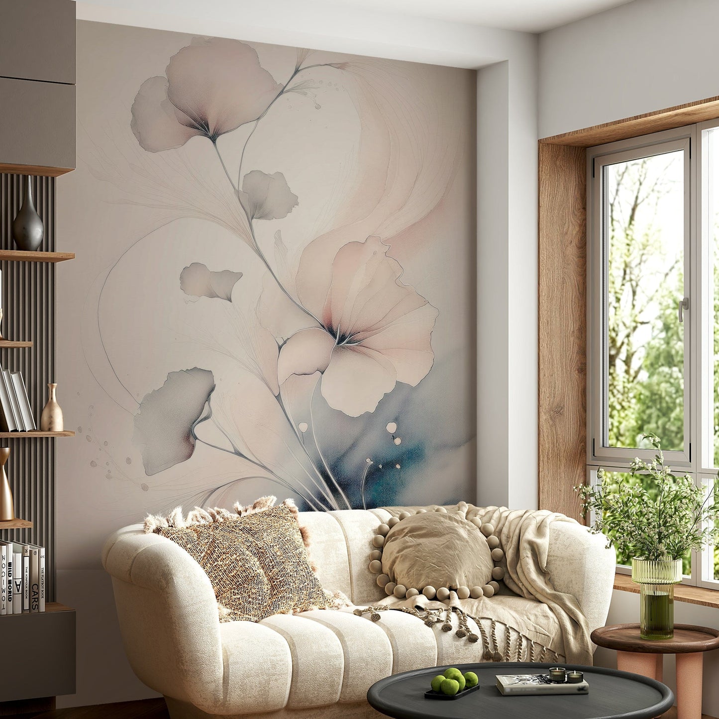 Pastel-toned floral mural evoking serenity and beauty through delicate, blooming petals.