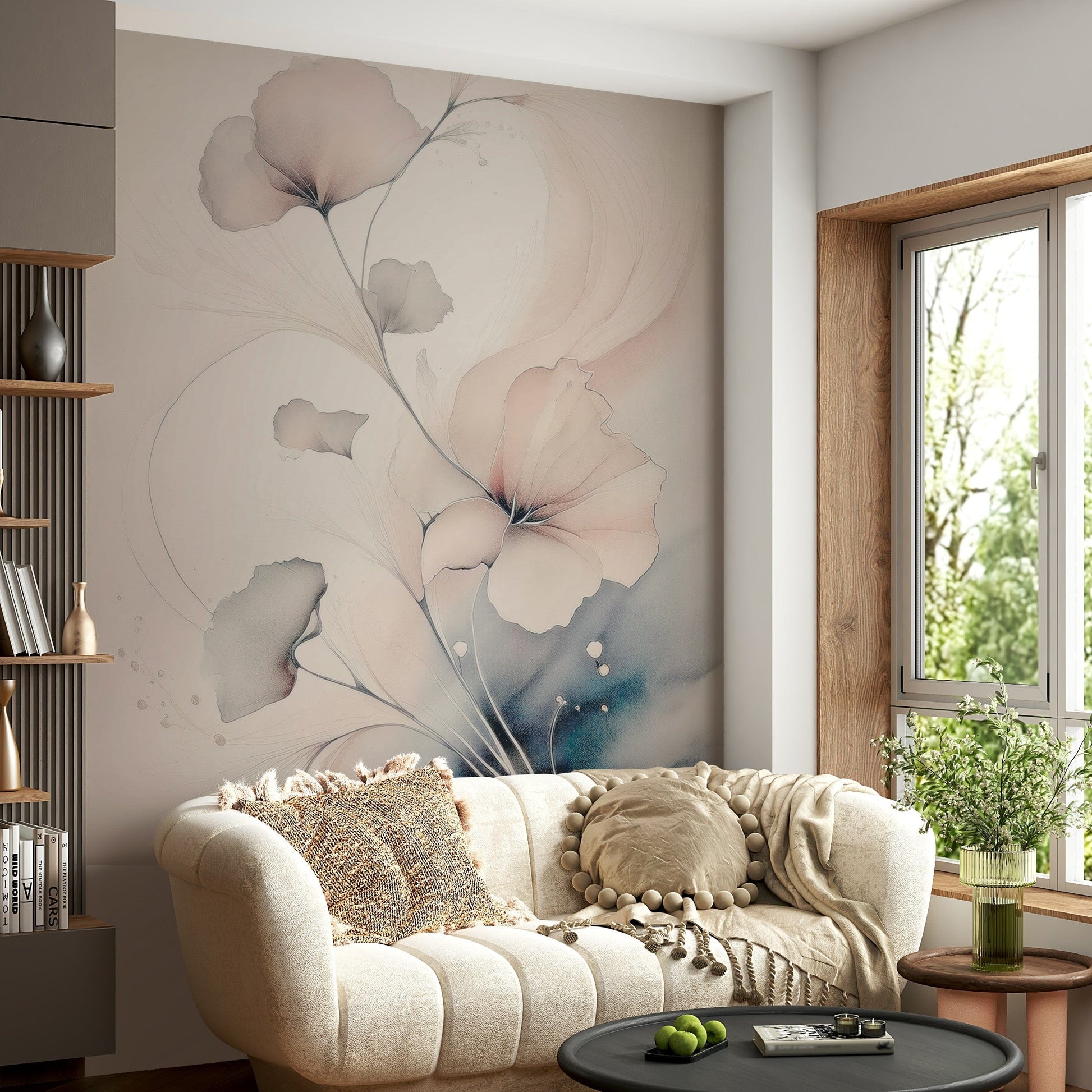Pastel-toned floral mural evoking serenity and beauty through delicate, blooming petals.