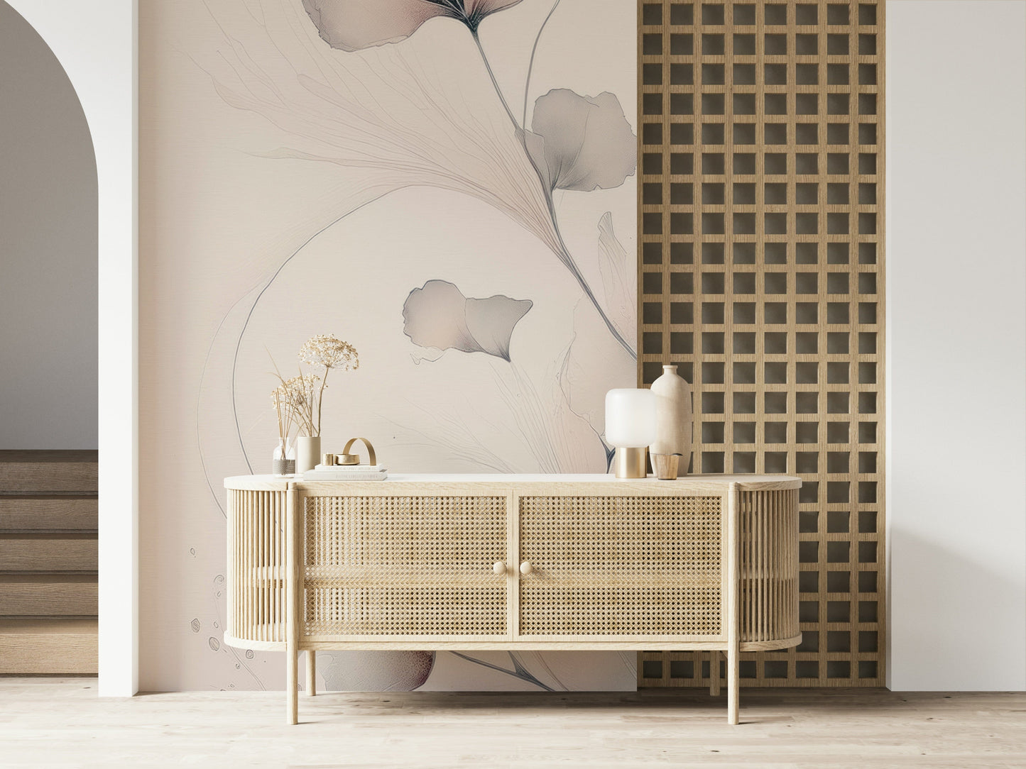 Dreamy floral mural with airy blossoms in pastel shades perfect for bedrooms or living spaces.