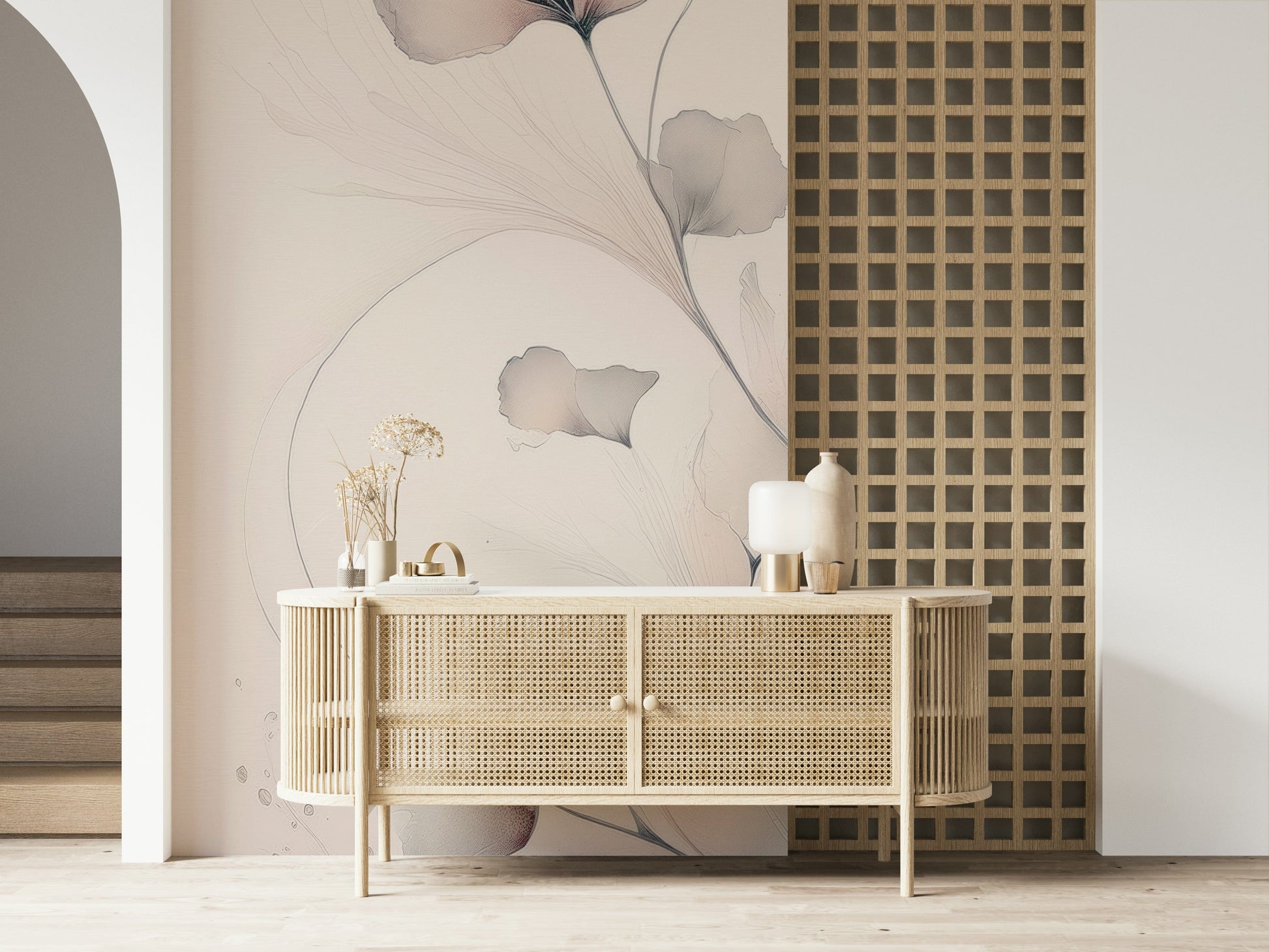 Dreamy floral mural with airy blossoms in pastel shades perfect for bedrooms or living spaces.