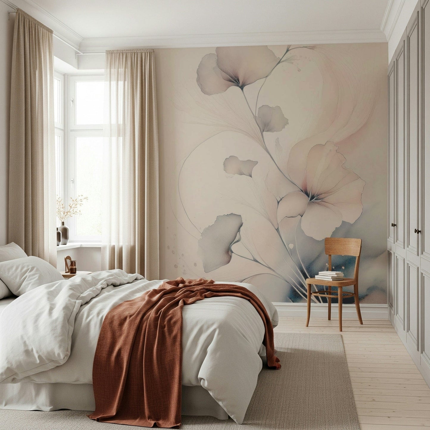 Romantic mural with watercolor-inspired pastel blossoms creating a soft, ethereal ambiance.