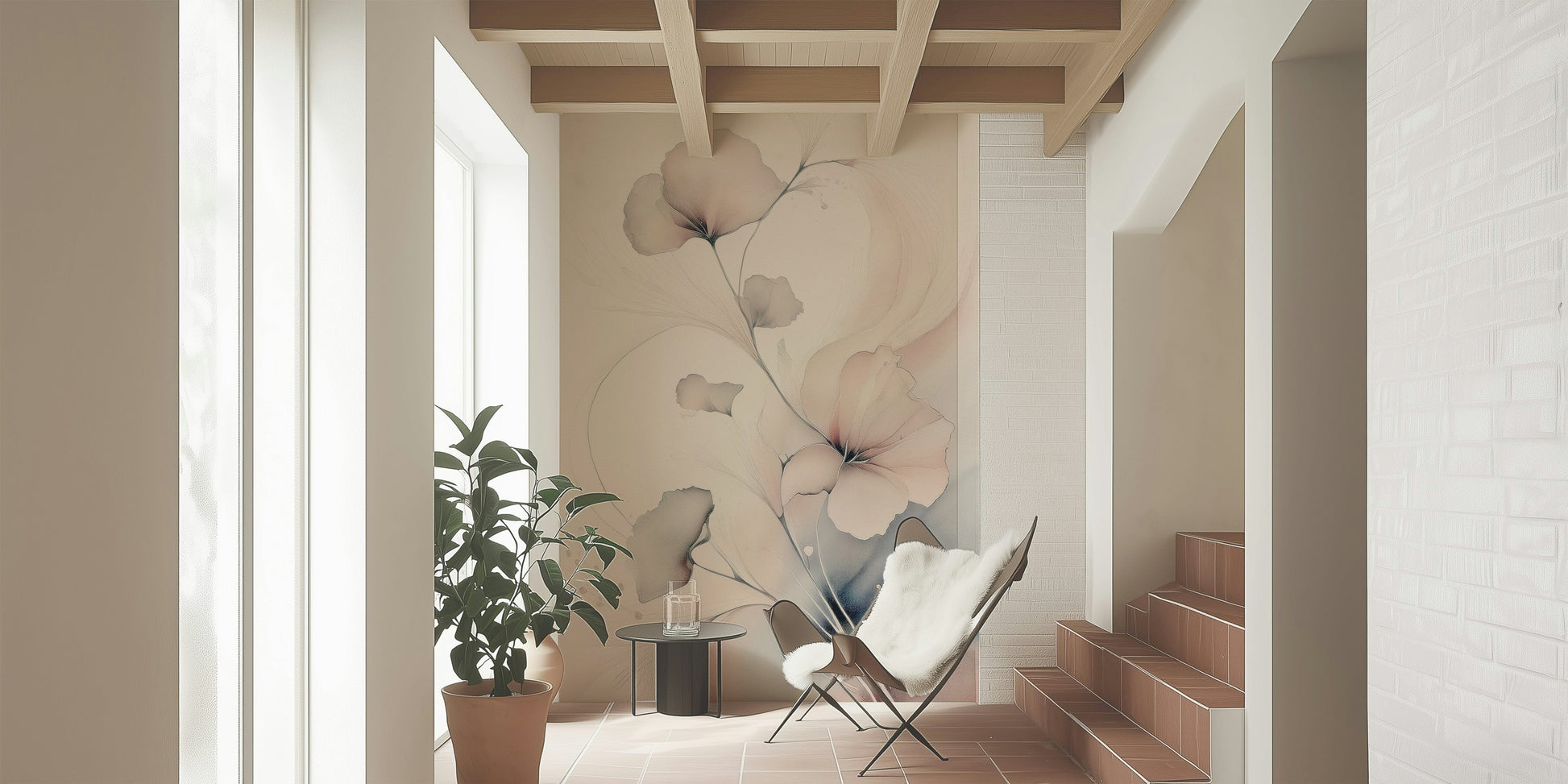 Floral wall mural showcasing delicate pastel petals drifting through a light, dreamlike haze.
