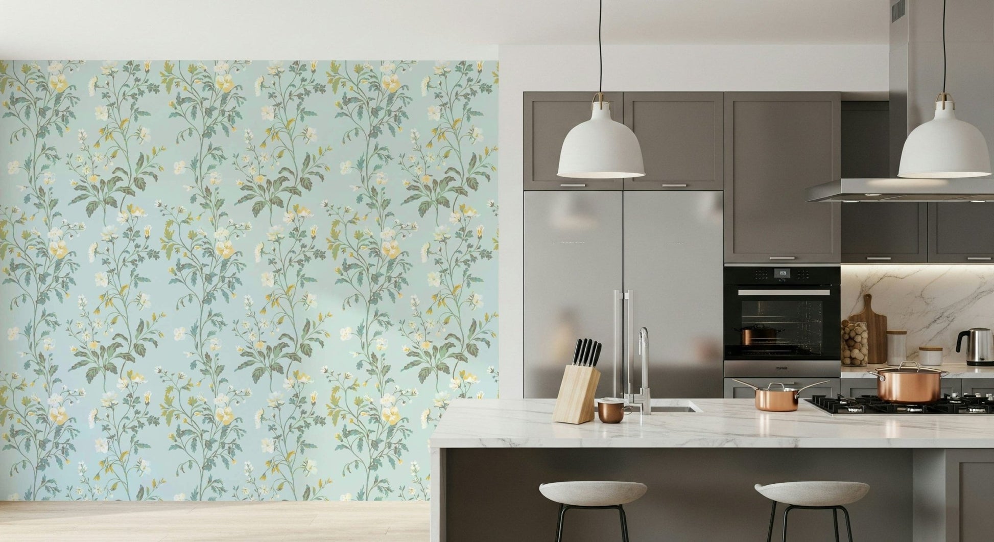 Light Botanical Wallpaper – Serene pastel botanical design with subtle flowers and leaves for peaceful interiors.