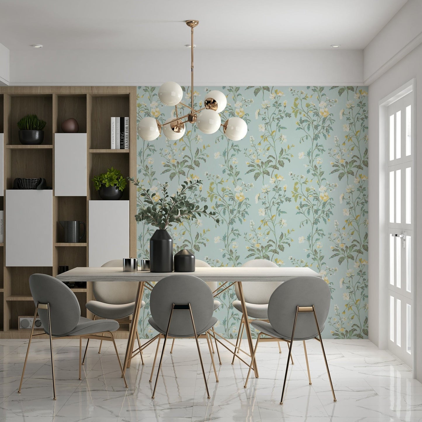 Pastel Garden Wall Mural – Whimsical botanical patterns in muted pastel tones creating a soft, natural ambiance.