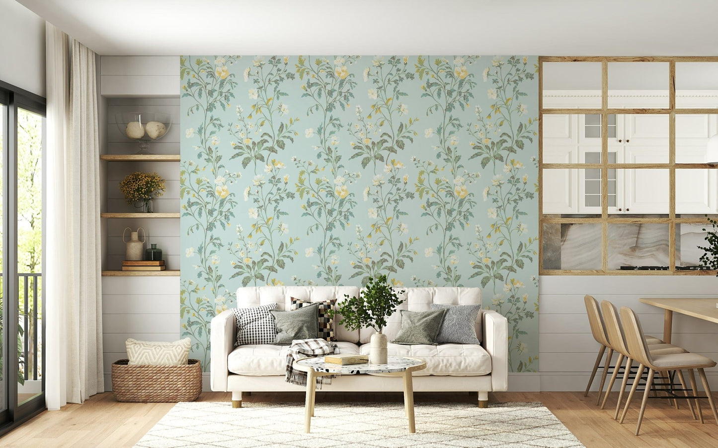 Soft Pastel Botanical Wall Mural – Delicate floral and leaf motifs in soft colors for bedrooms, nurseries, or living spaces.