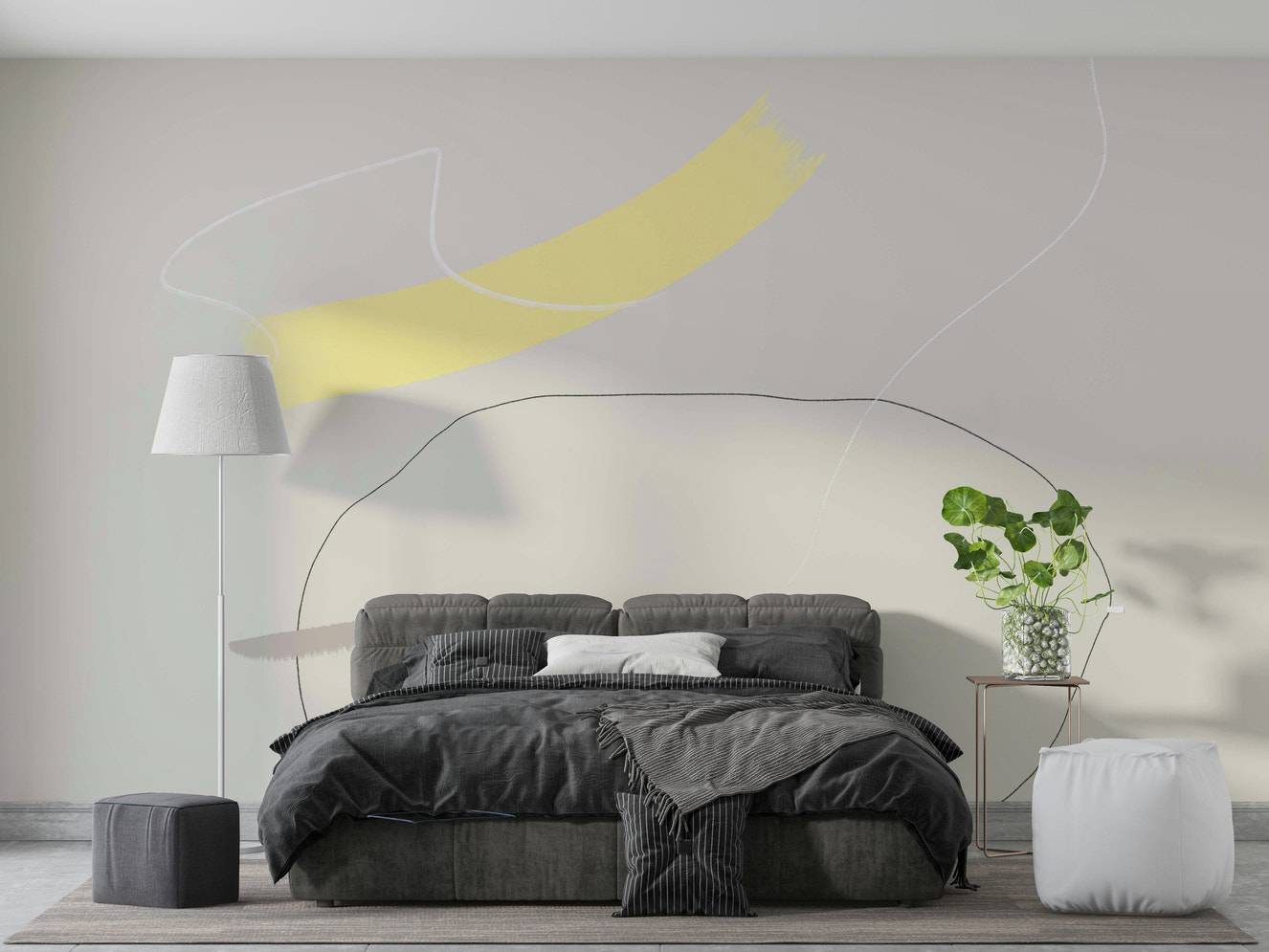 A graceful subtle brushstroke wall mural in soft, pastel tones.

