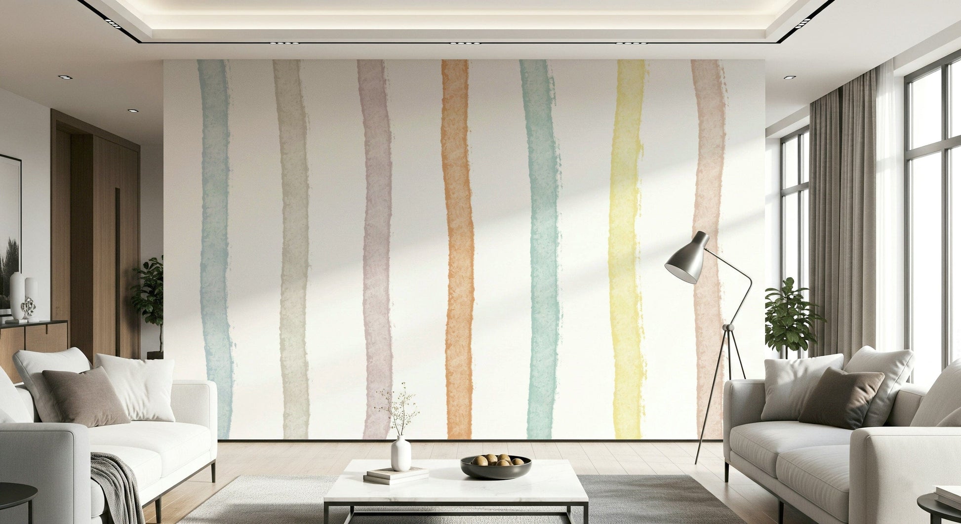 A contemplative gentle watercolor wallpaper mural for a feature wall.
