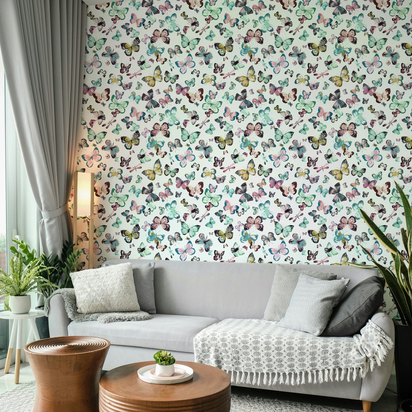 Delicate flying butterflies wall covering in soft tones

