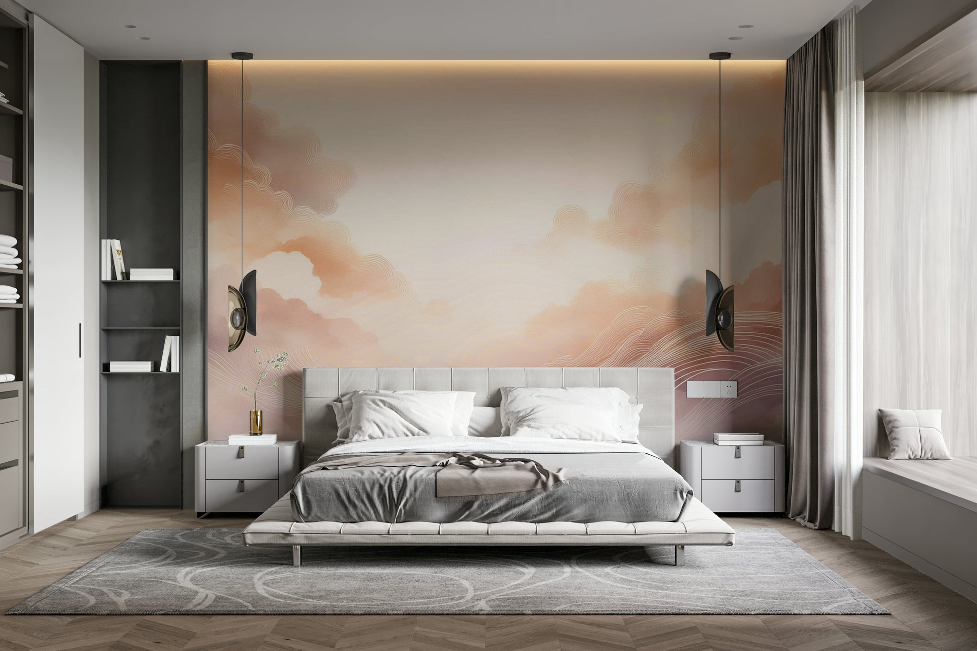 Large scale cloud mural for a contemporary living room accent wall.