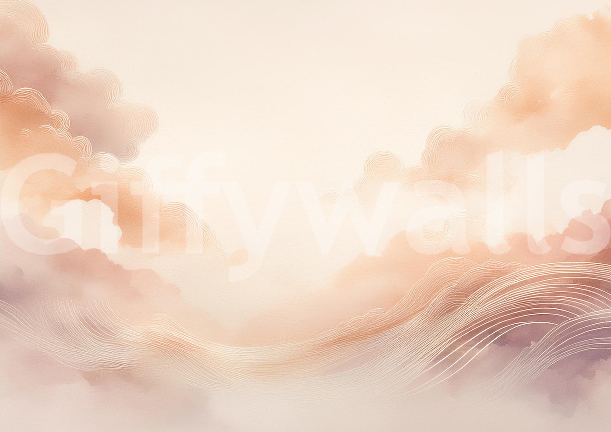 Dreamy watercolor sky mural in a bright apartment dining area.