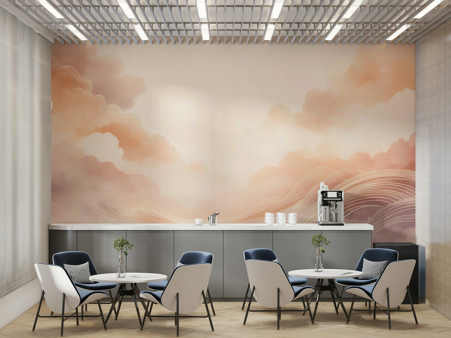 Modern apartment feature wall showcasing a dreamy sunset sky mural.