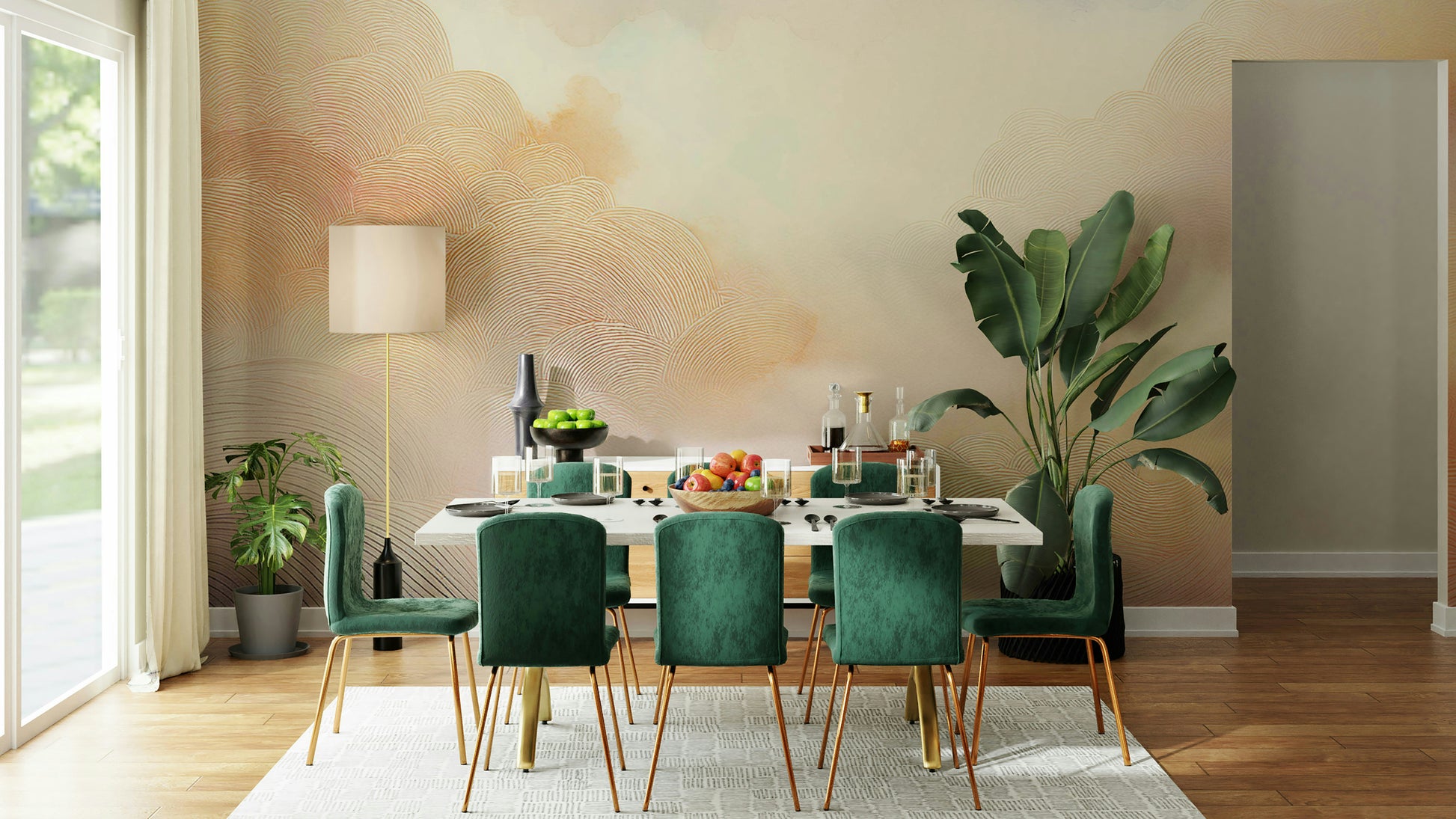 Soft pink and blue cloud wallpaper in a contemporary home office space.