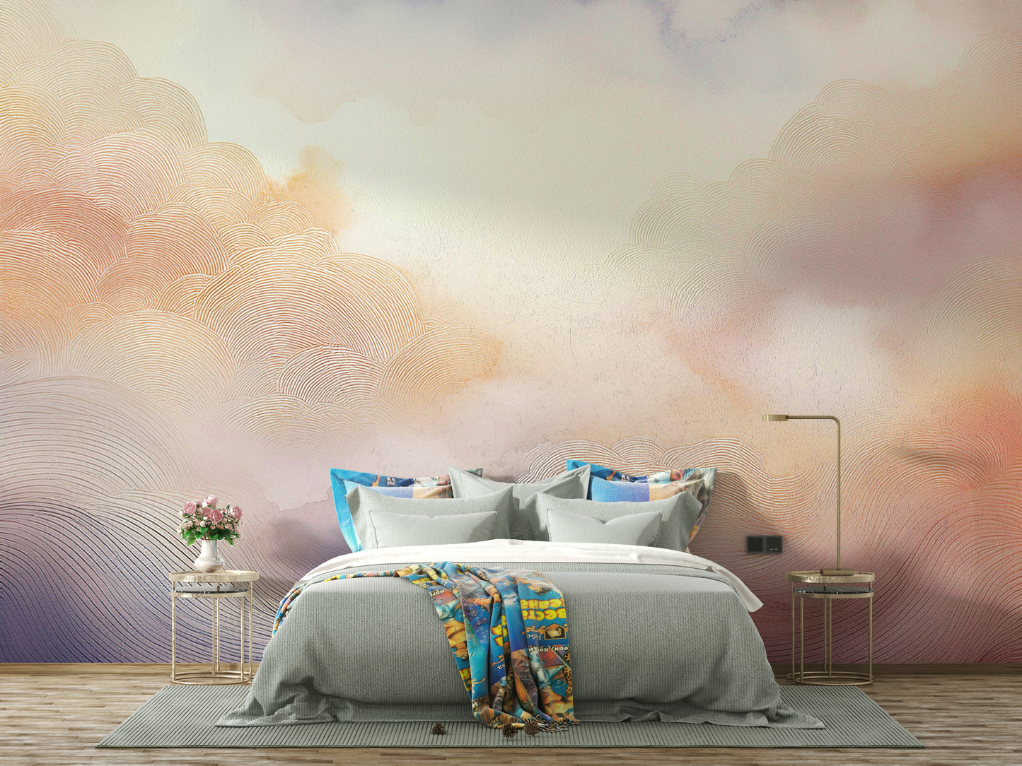 Detailed close-up of soft watercolor cloud textures in pastel purple and blue.