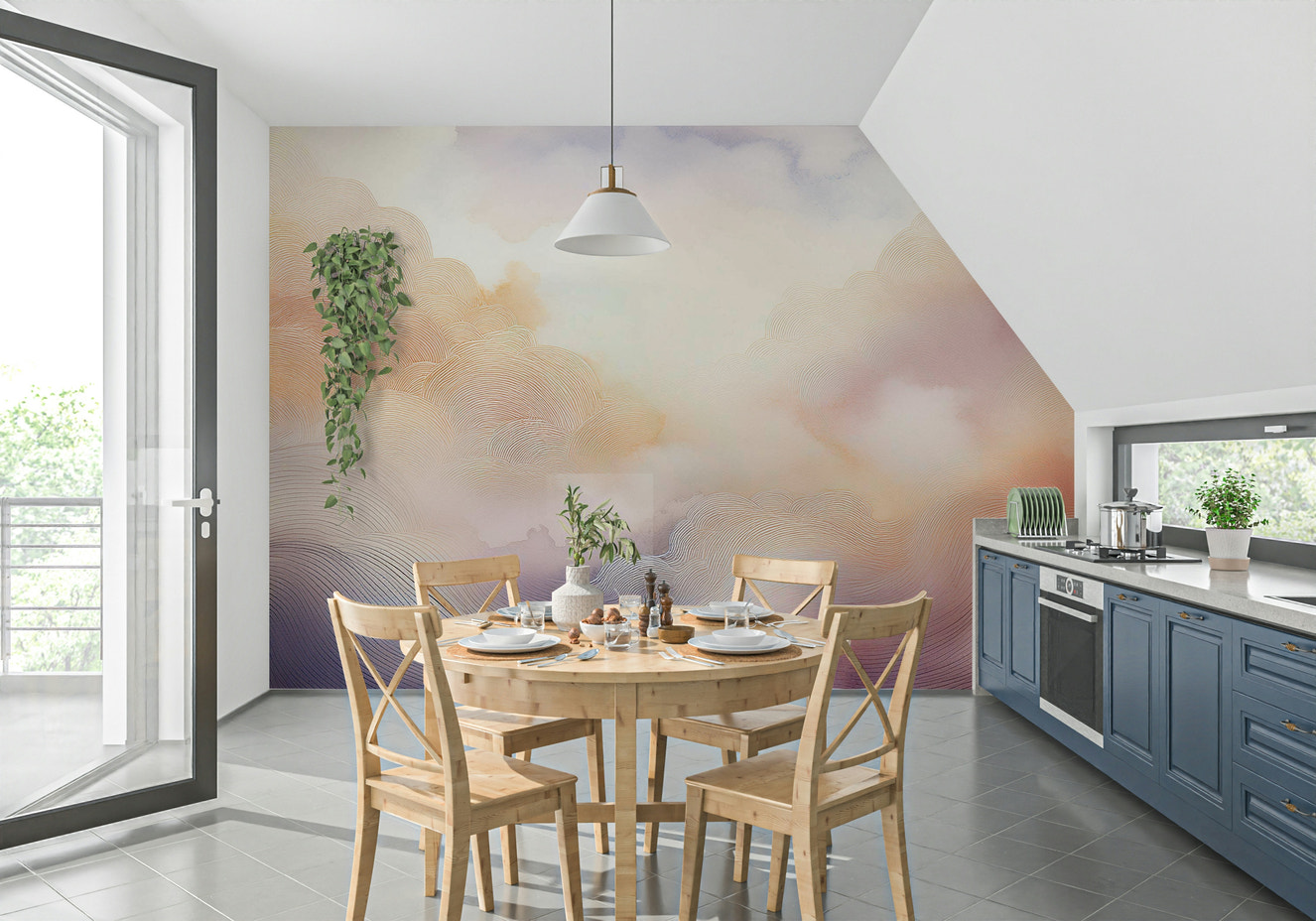 Pastel Cloud Dreamscape Wall Mural in a modern nursery with white crib and soft rug.