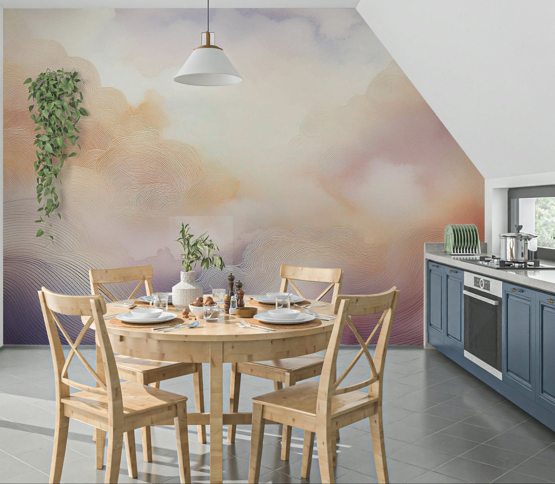 Pastel Cloud Dreamscape Wall Mural in a modern nursery with white crib and soft rug.
