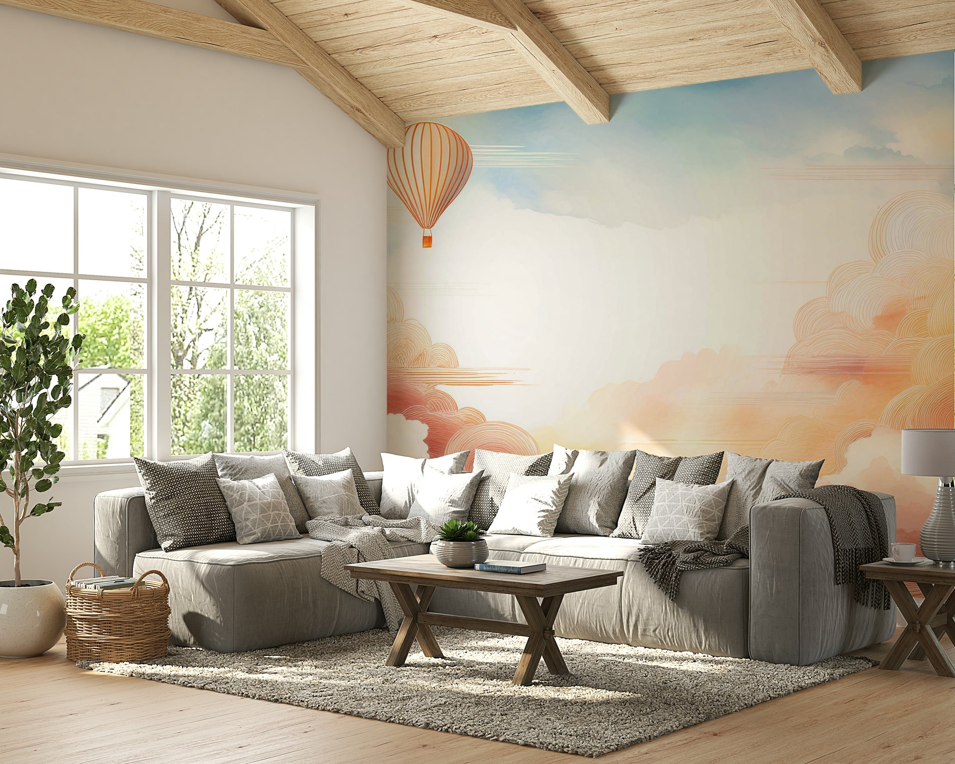 Soft lilac and blue cloud wallpaper mural in a minimalist urban flat.