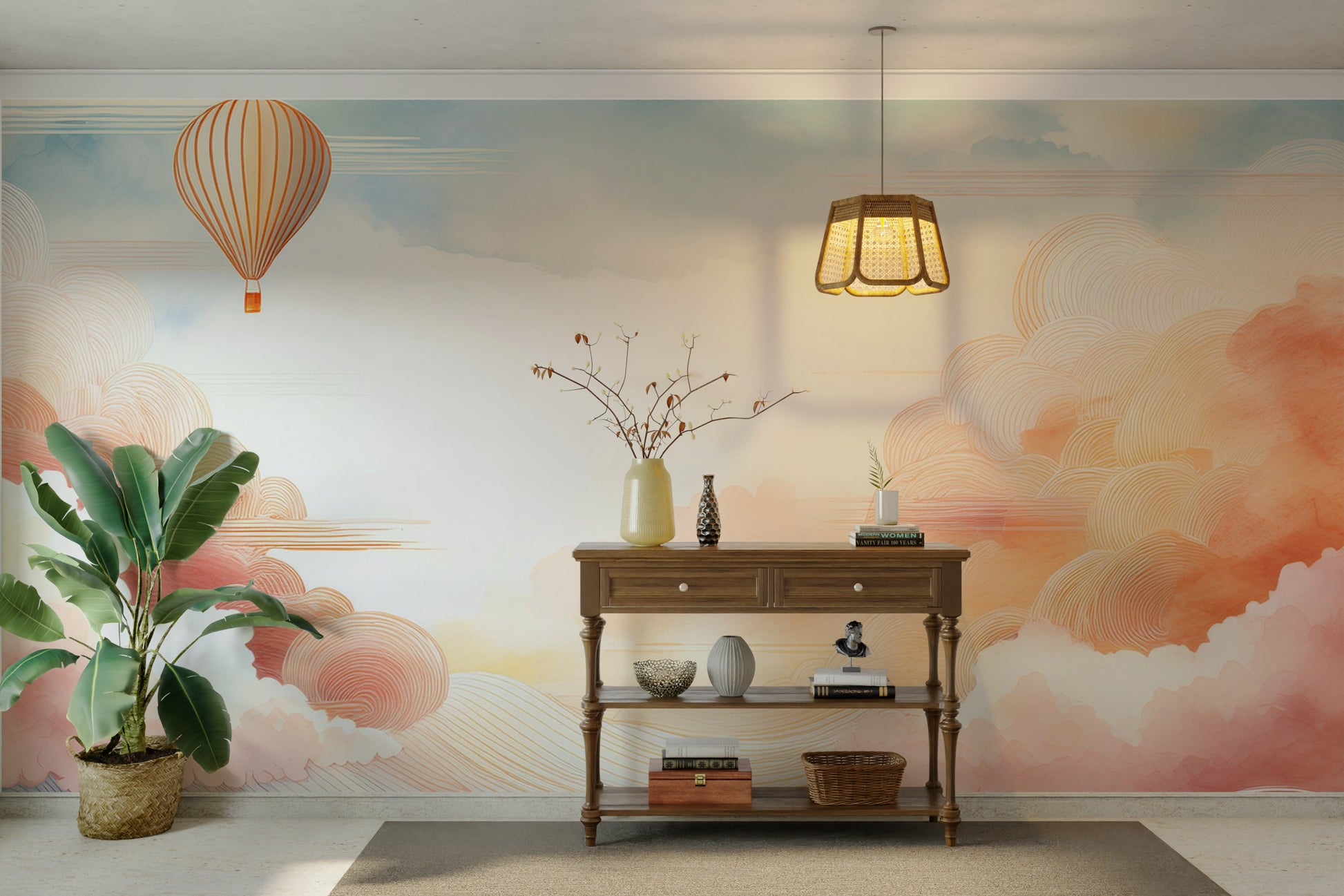 Pastel Cloudscape Bliss Wall Mural behind a cream armchair in a modern lounge.