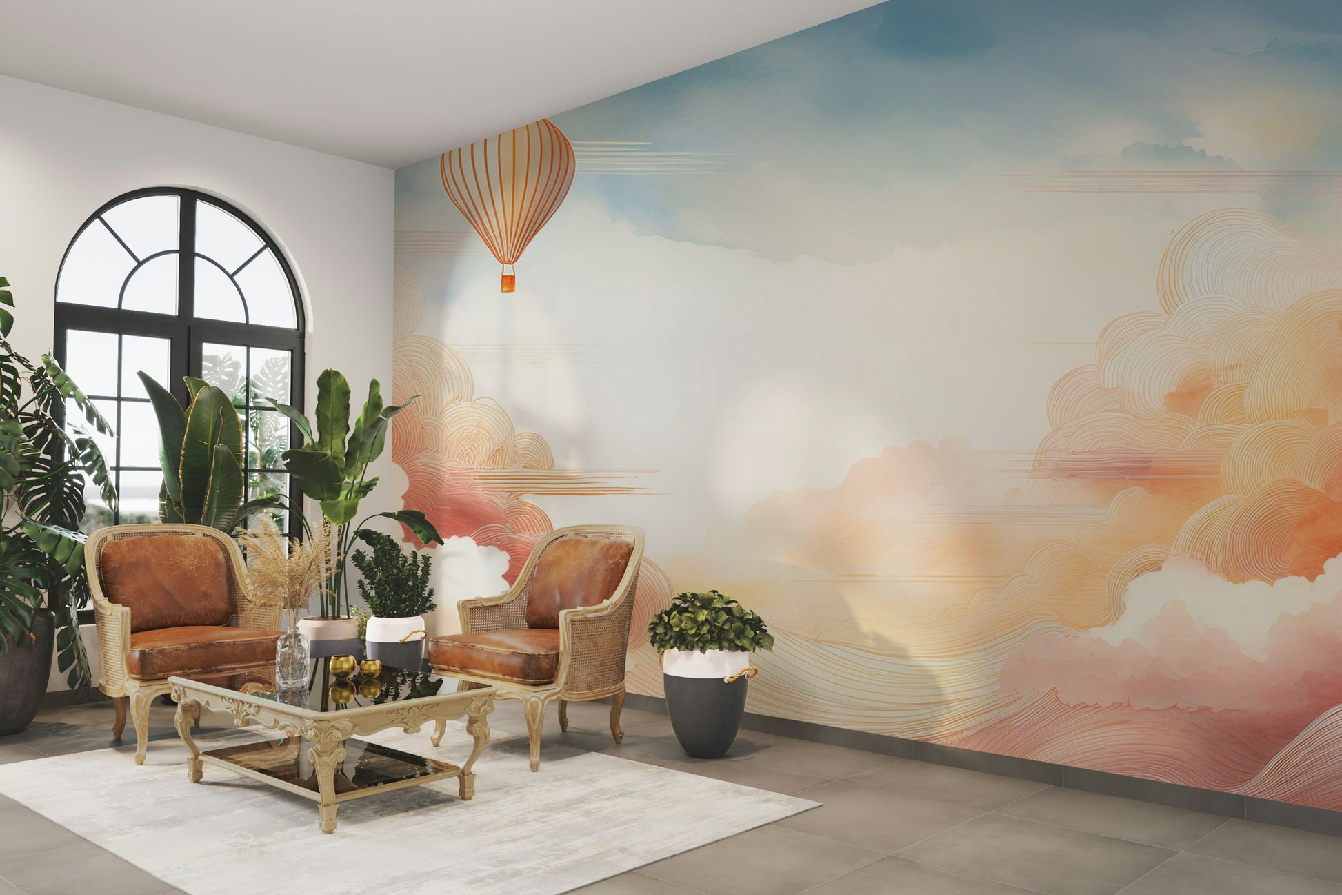 Matt finish sky scene wallpaper for a guest suite feature wall with grey accents.