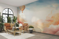 Matt finish sky scene wallpaper for a guest suite feature wall with grey accents.