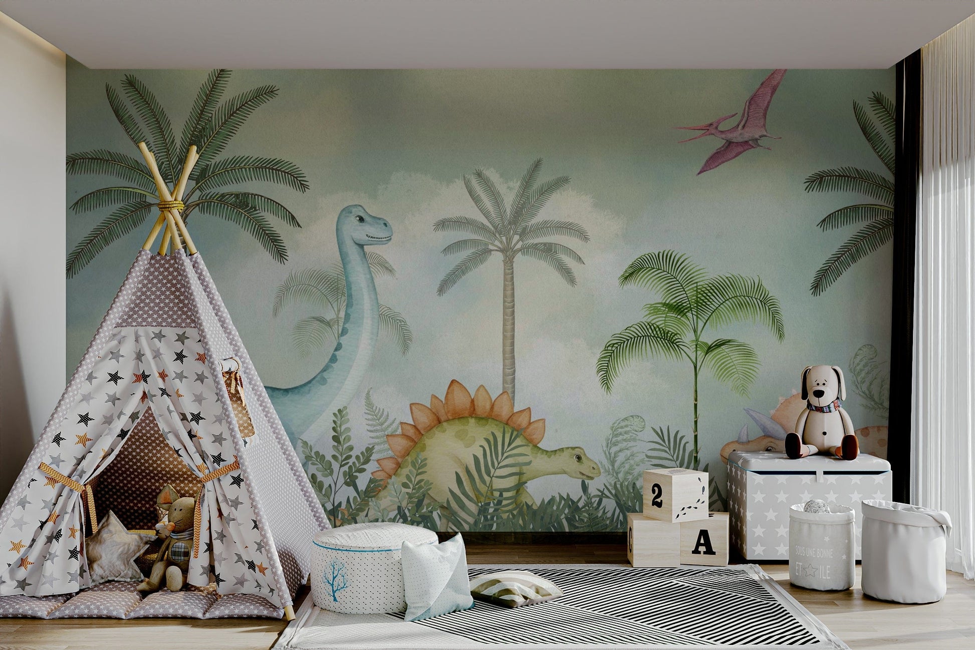 Serene jungle scene with friendly dinosaurs

