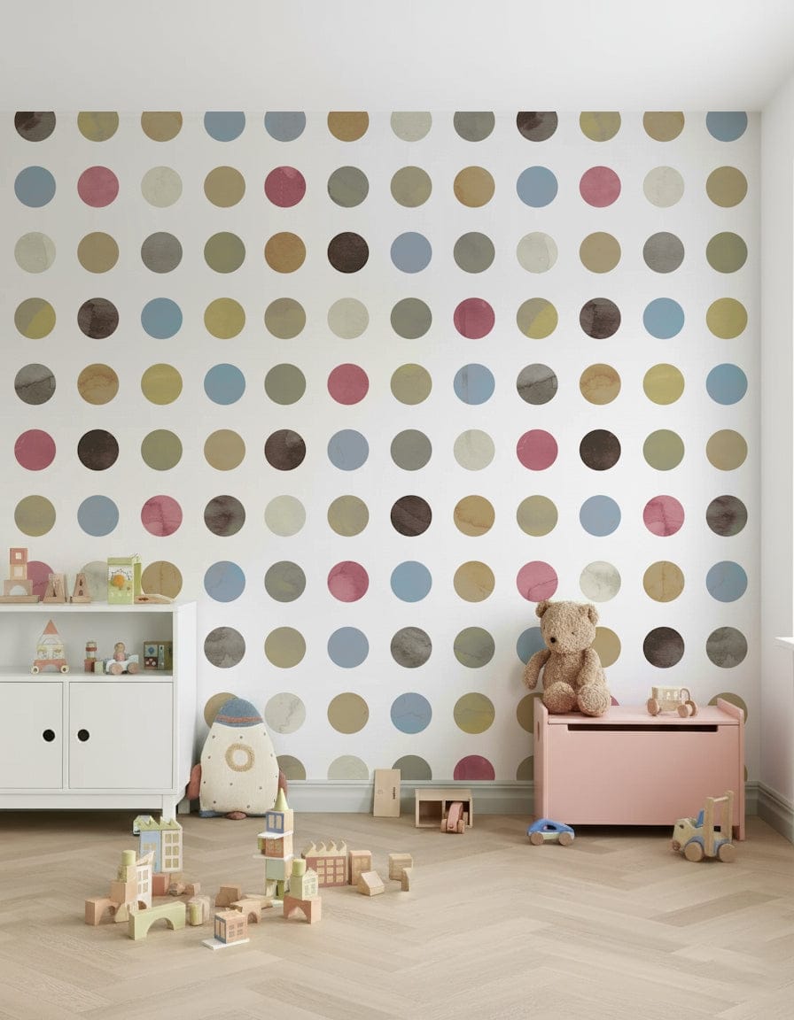 Whimsical winter wallpaper with pastel dot patterns for bedrooms or nurseries.