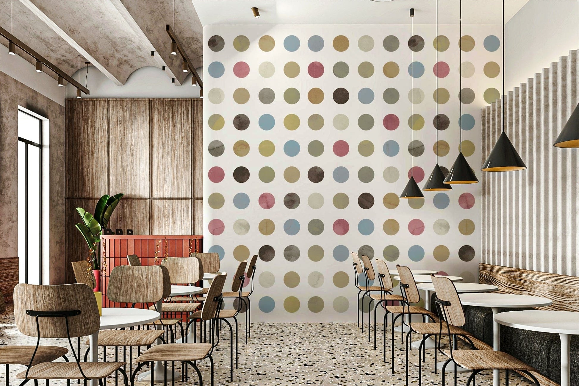 Decorative mural featuring delicate pastel dots in calming winter shades.