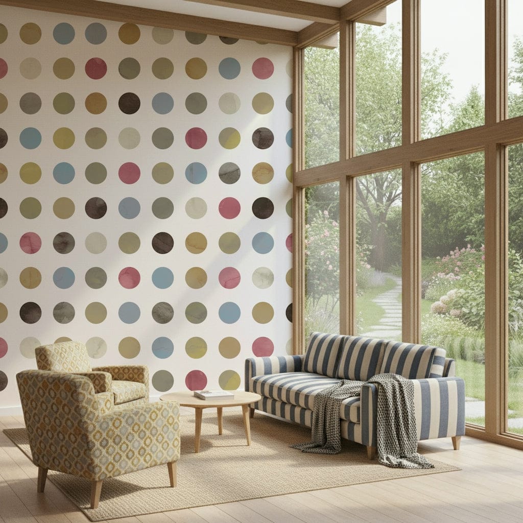 Wall mural with pastel-colored dots creating a soft, festive winter ambiance.