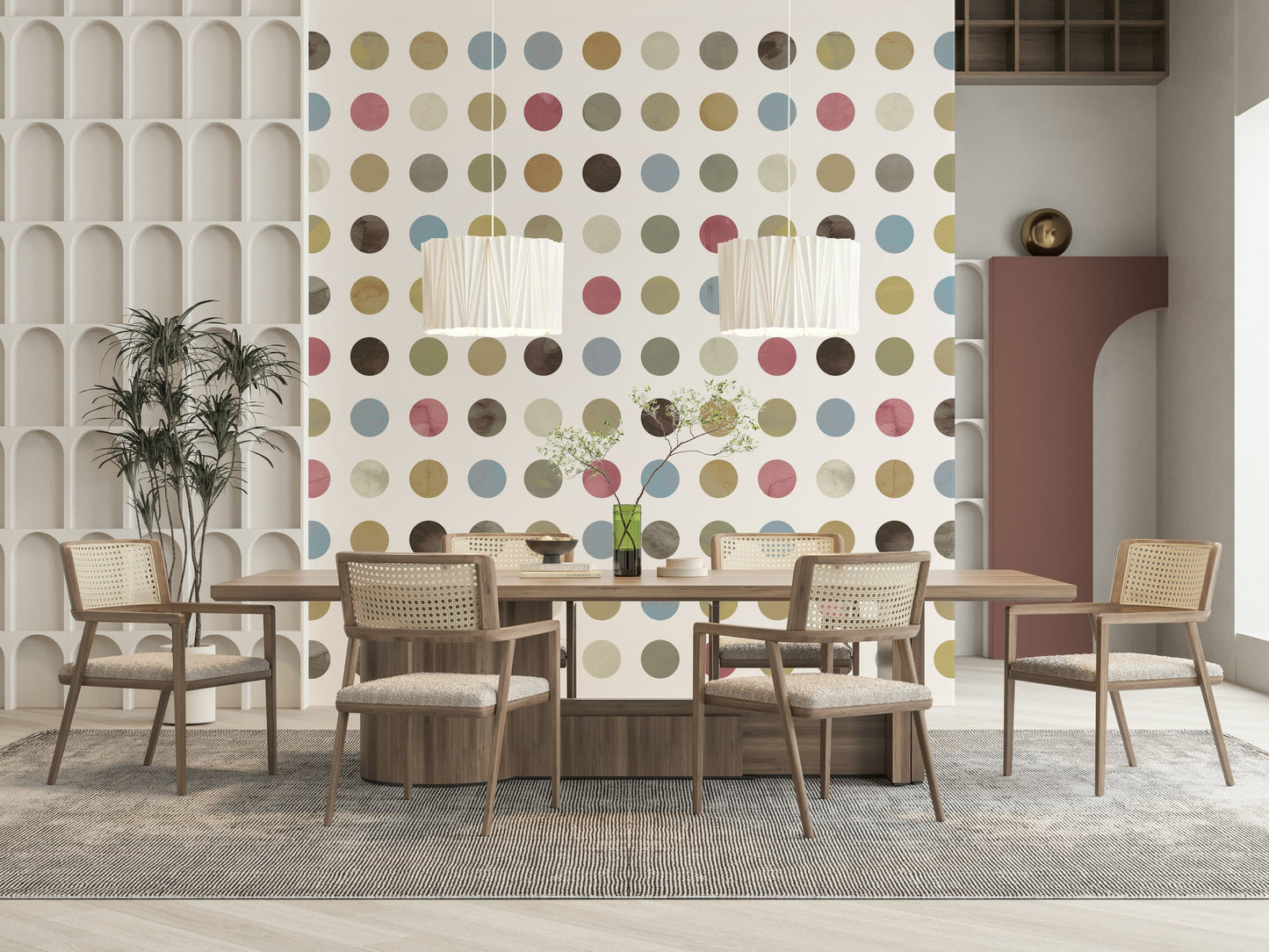 Playful wallpaper showcasing scattered pastel dots in a winter-themed palette.