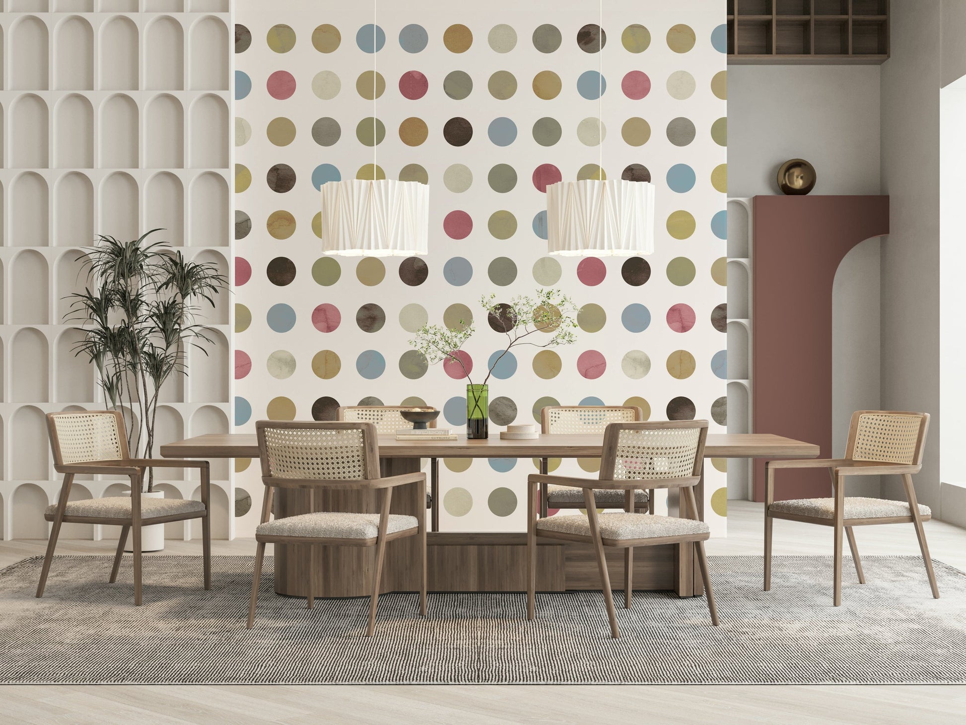 Playful wallpaper showcasing scattered pastel dots in a winter-themed palette.
