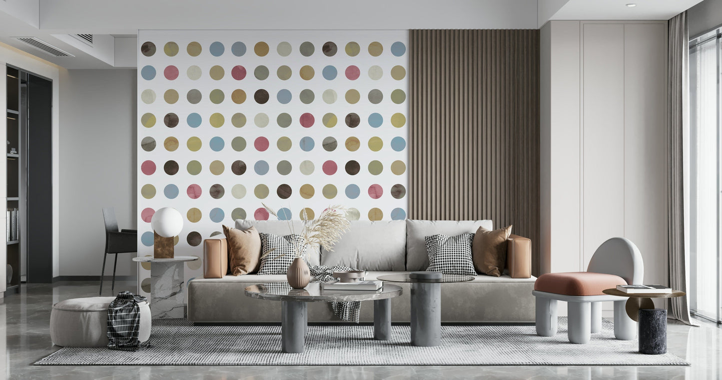 Decorative wall mural with whimsical pastel circles in soft blues, pinks, and whites.