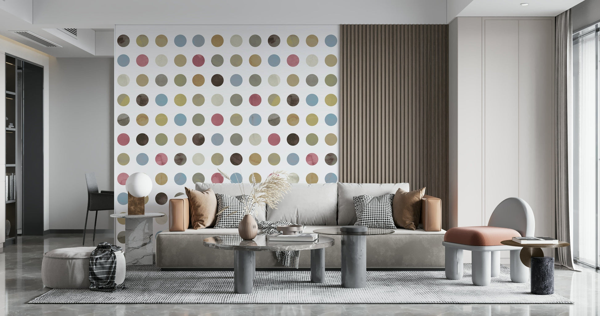 Decorative wall mural with whimsical pastel circles in soft blues, pinks, and whites.