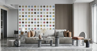 Decorative wall mural with whimsical pastel circles in soft blues, pinks, and whites.