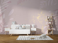 Soft gold wallpaper mural with pastel pink foliage.