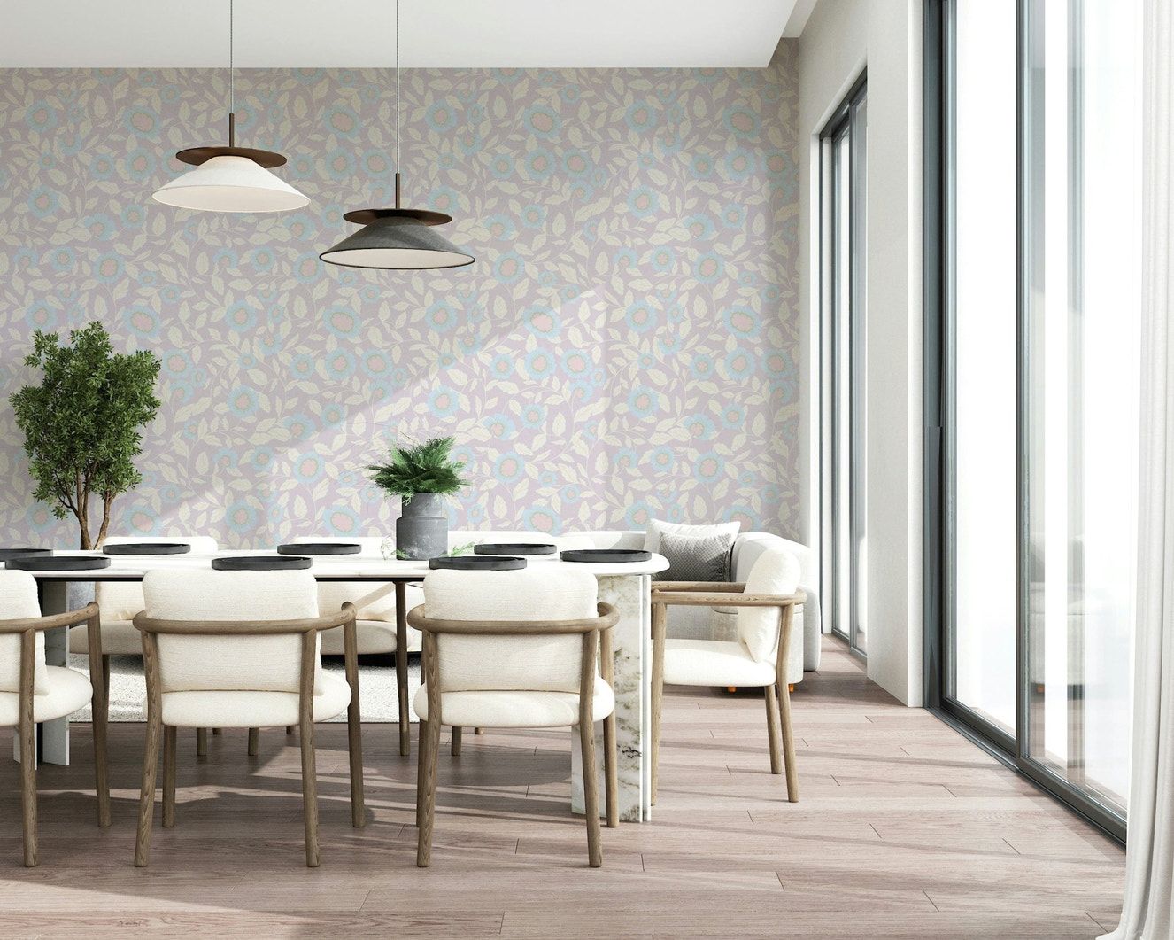Pastel Floral Serenity wall mural featuring soft pink blossoms.