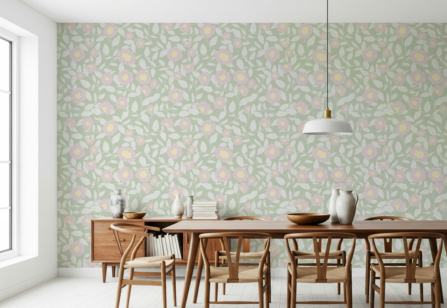 Elegant pink floral peel and stick wallpaper mural.