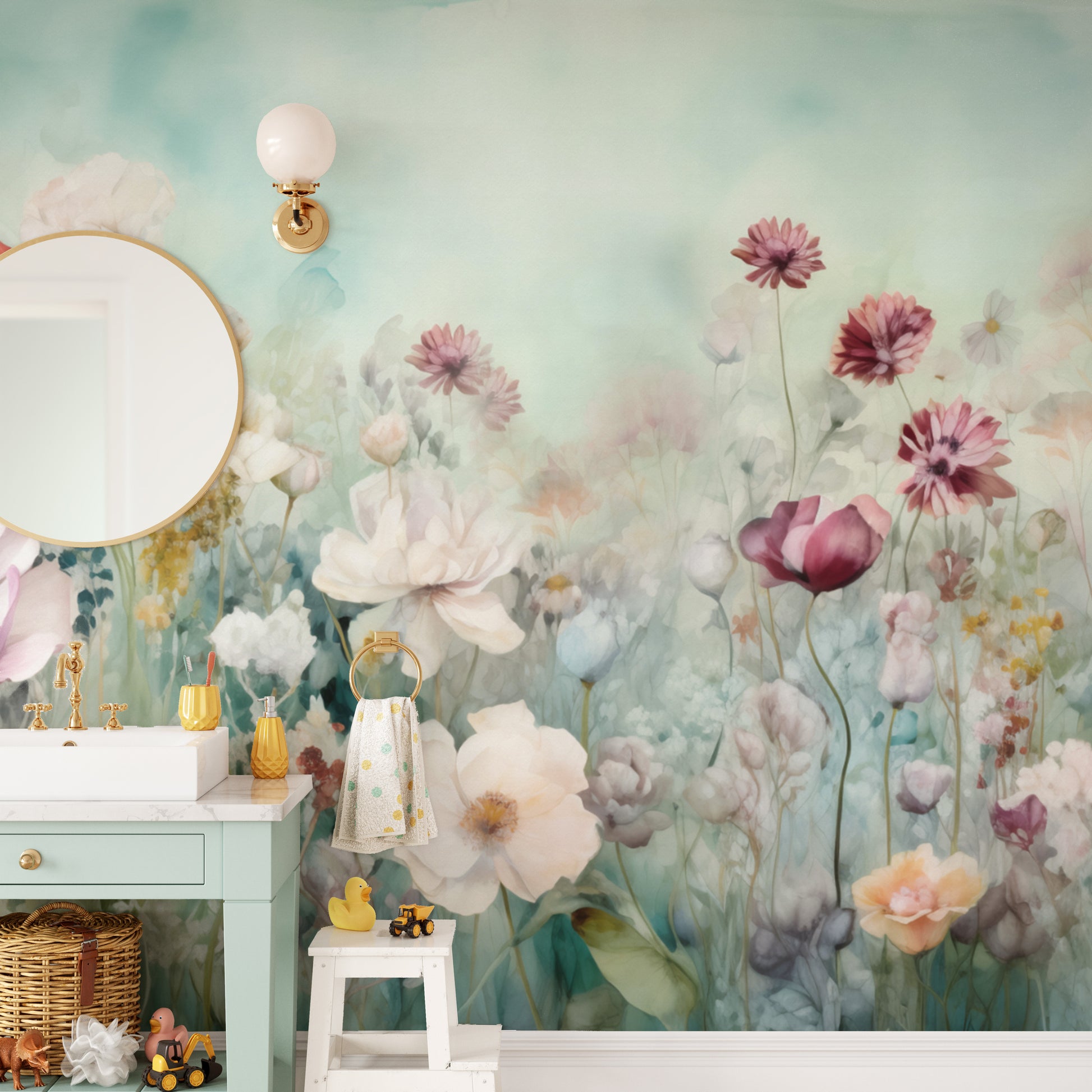 Colorful Pastel Flower wallpaper mural of pastel wildflowers beside a mint vanity and gold mirror in a kids bathroom