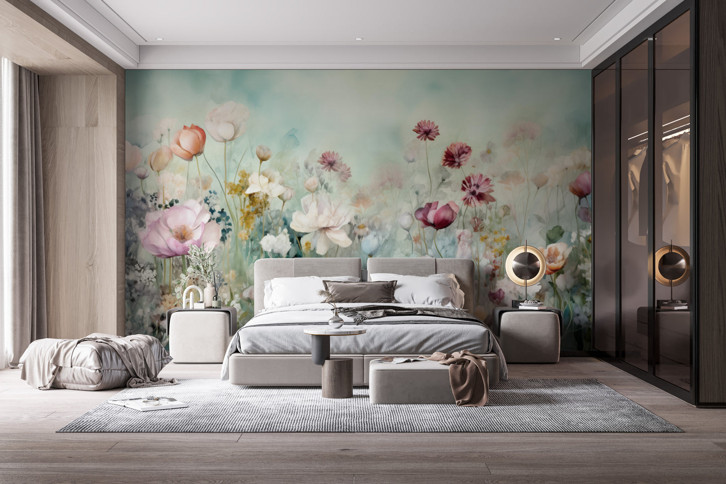 Colorful Pastel Flower wallpaper mural of a soft floral meadow behind a grey upholstered bed in a modern bedroom