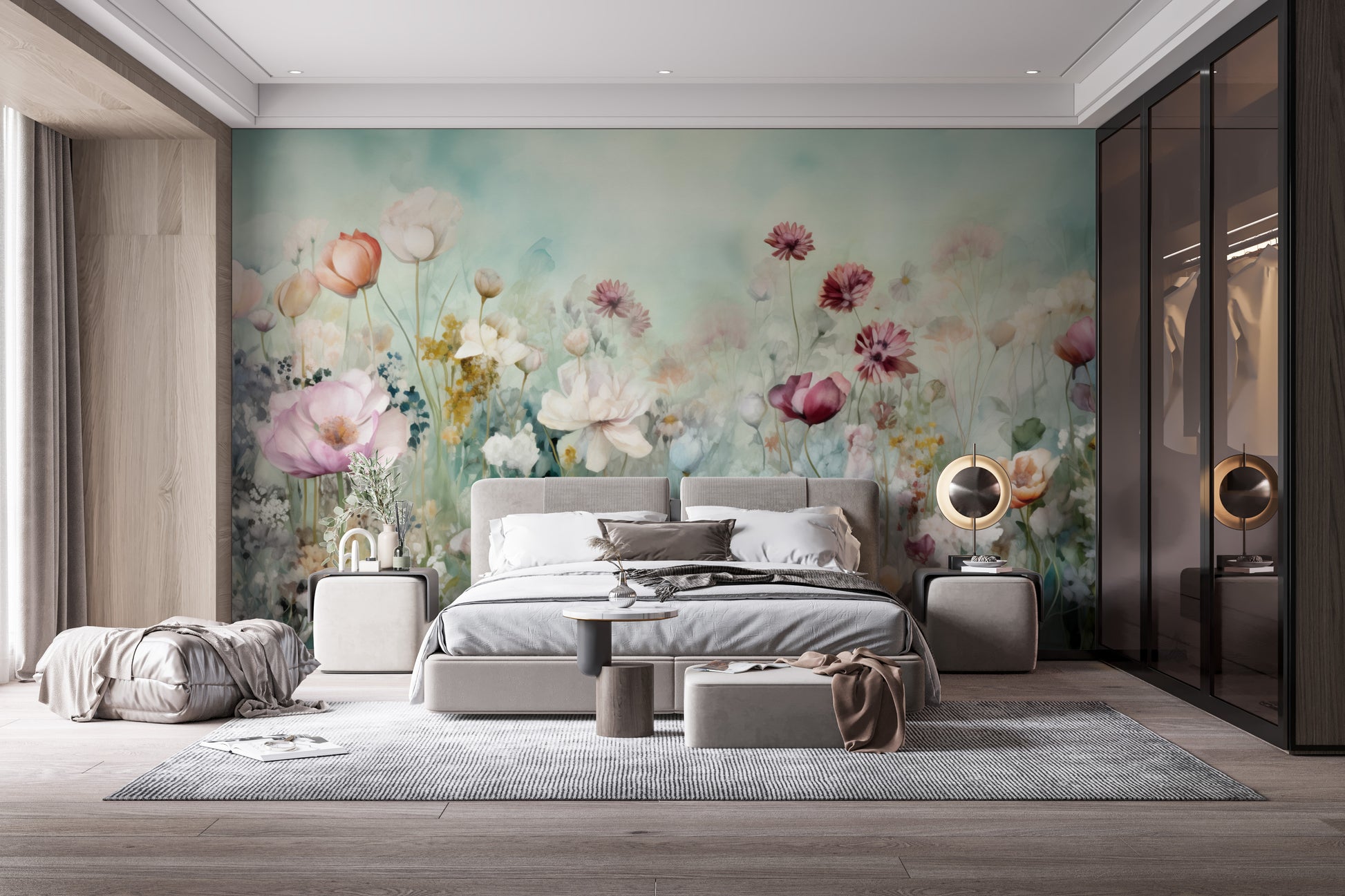 Colorful Pastel Flower wallpaper mural of a soft floral meadow behind a grey upholstered bed in a modern bedroom