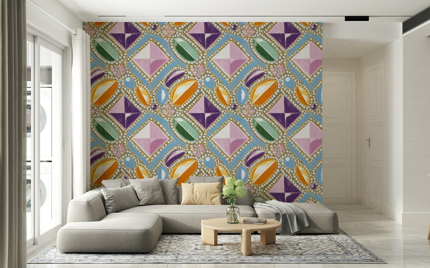 Pink Pastel Crystal Wall Mural – Soft, sophisticated wallpaper with pink gemstone textures and regal styling.