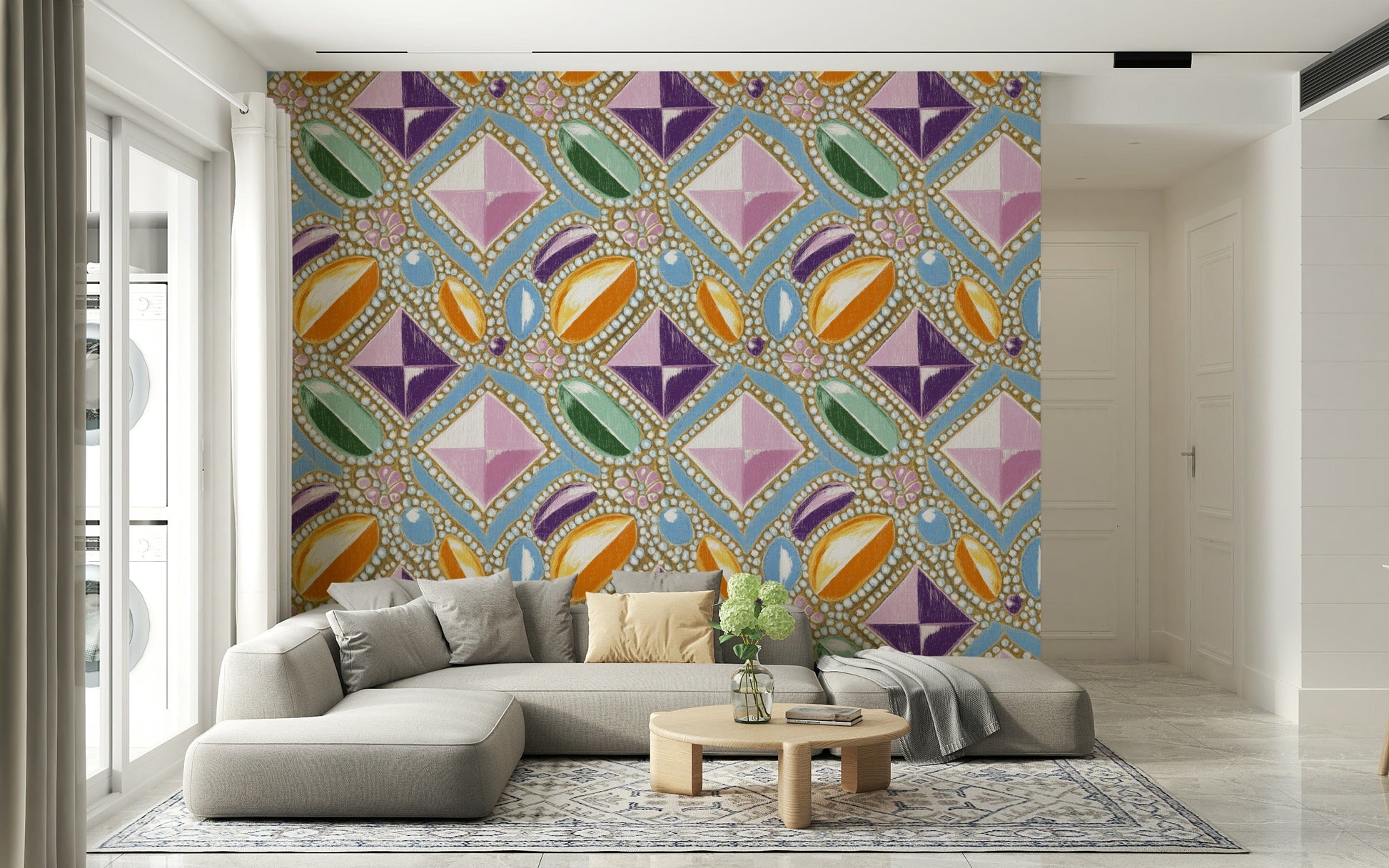 Pink Pastel Crystal Wall Mural – Soft, sophisticated wallpaper with pink gemstone textures and regal styling.