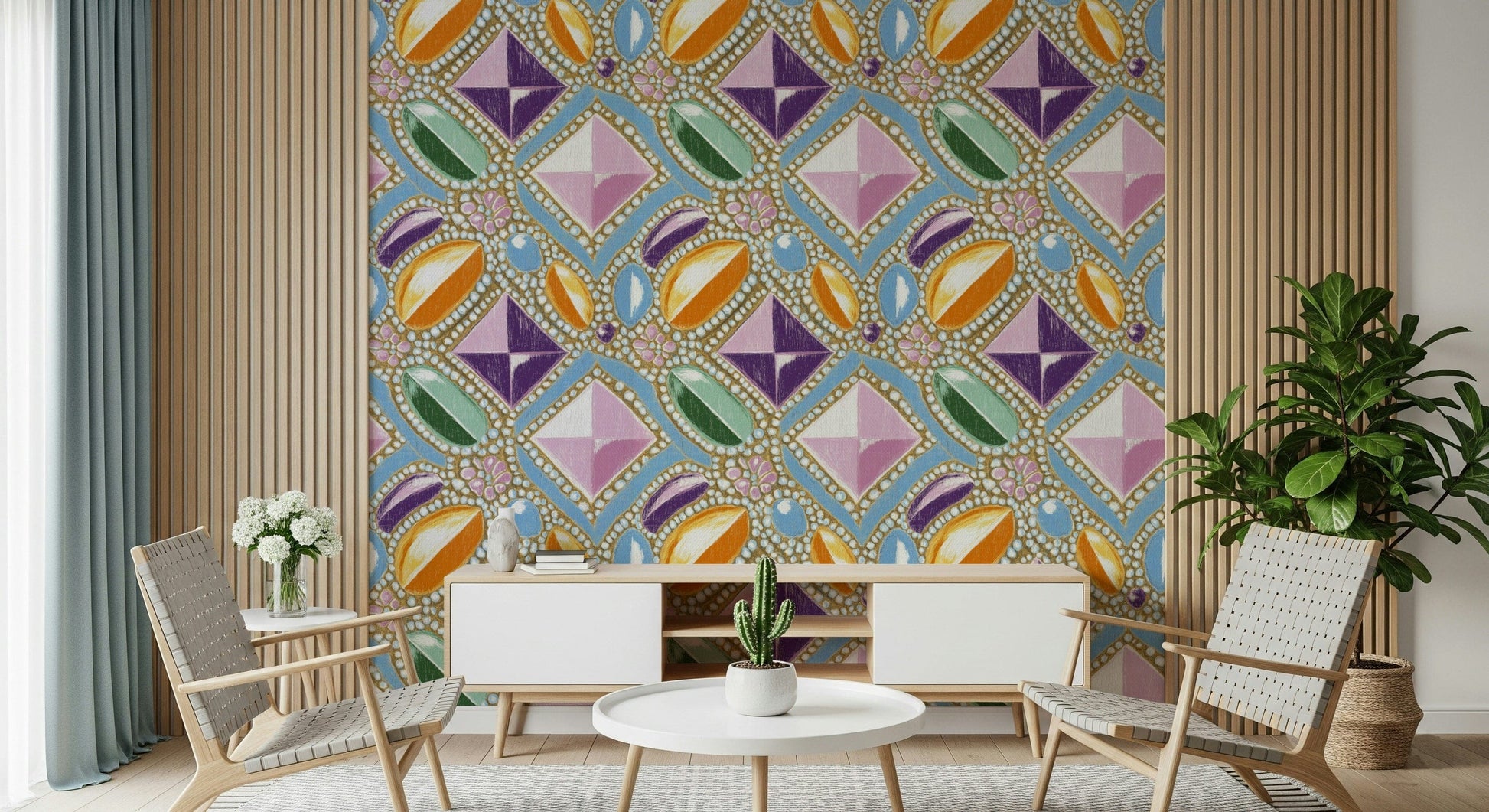 Pink Gemstone Pattern Wallpaper – Soft, pastel-inspired wallpaper with jewel-like textures and refined geometric patterns.