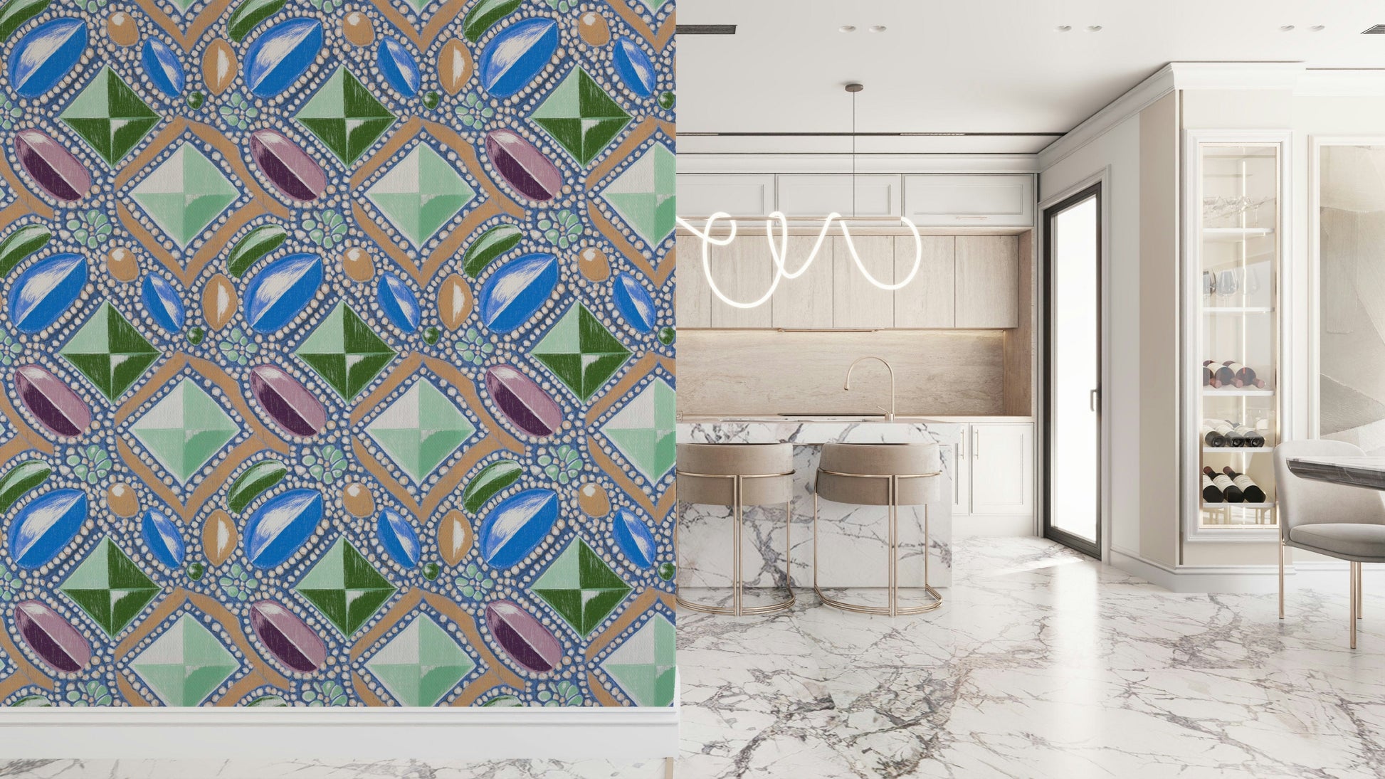 Blue Pastel Crystal Wall Mural – Soft, sophisticated wallpaper with blue gemstone textures and regal styling.